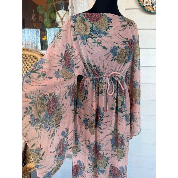 Vintage 60's Pink Floral Chiffon Style Maxi Dress Batwing Sleeves Sz L Boho - Picture 9 of 16